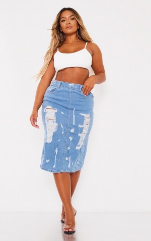 Blue Pretty Little Thing Shape Stretch Frayed Detail Skirts | JWSLEAQ-84