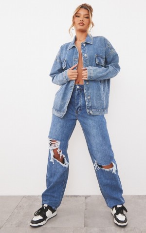 Blue / Wash Pretty Little Thing Mid Wash Knee Rip Boyfriend Jeans | ZTYVJXC-82