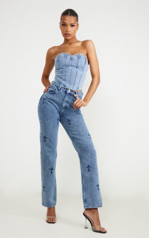 Blue / Wash Pretty Little Thing Mid Wash Cross Print Long Leg Straight Leg Jeans | ZNSXQMK-36