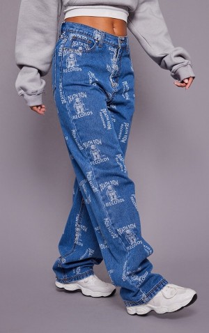 Blue / Wash Pretty Little Thing Mid Wash Deathrow Records Graphic Printed Wide Leg Jeans | GFONVHM-73