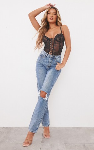 Blue / Wash Pretty Little Thing Mid Wash Open Knee Long Leg Straight Leg Jeans | QUMNTRC-49