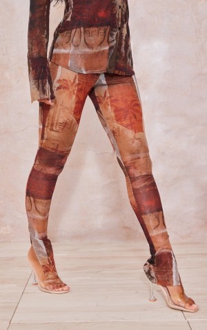 Brown Pretty Little Thing Abstract Printed Mesh Leggings | QIZEANL-83