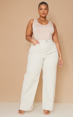 Brown Pretty Little Thing Plus Sand Split Hem Jeans | AGBWUFT-05