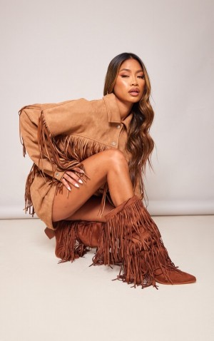 Brown Pretty Little Thing Tan Faux Suede Fringe Western Block Knee Boots | DNSGEWH-30