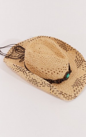 Brown Pretty Little Thing Tan Straw Beaded Cowboy Hats | LMYDTUB-84