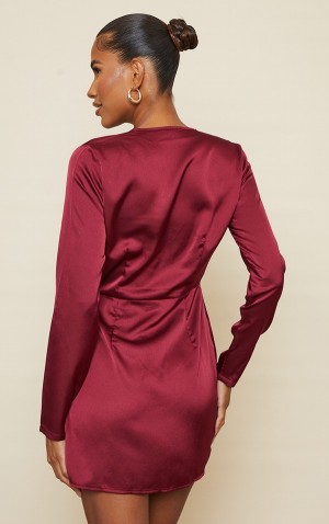 Burgundy Pretty Little Thing Burgundy Satin Long Sleeve Wrap Dresses | WETYLNU-96