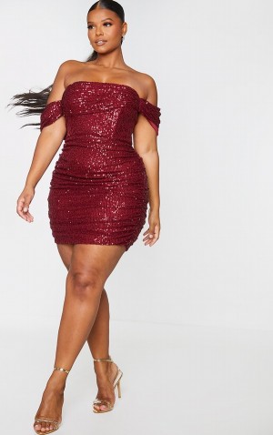 Burgundy Pretty Little Thing Plus Burgundy Sequin Bardot Bodycon Dresses | FHPQSED-84