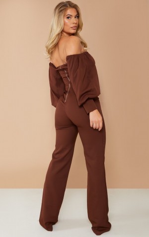 Chocolate Pretty Little Thing Bardot Balloon Sleeve Corset Jumpsuits | WHGLTUK-97