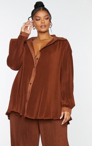 Chocolate Pretty Little Thing Plus Plisse Button Front Oversized Shirts | TNKFZBH-94