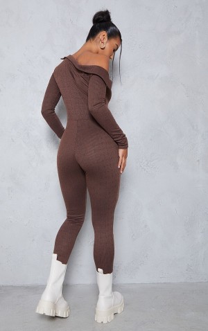 Chocolate Pretty Little Thing Rib Bardot Button Detail Jumpsuits | NEMPCHY-52