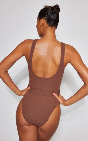 Chocolate Pretty Little Thing Tie Waist Crinkle Swimsuits | HBXGPRI-20