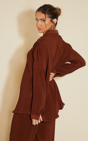 Chocolate / Brown Pretty Little Thing Plisse Button Front Oversized Shirts | XAZMNWF-43