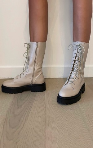 Cream Pretty Little Thing Calf High Lace Up Chunky Biker Boots | TQXYPRH-27