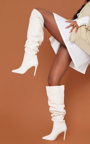 Cream Pretty Little Thing Faux Leather Slouch Over The Knee Boots | YOGLUXN-42