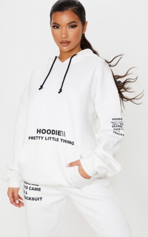 Cream Pretty Little Thing Oversized Graphic Printed Pocket Front Hoodie | ZVJELRT-73