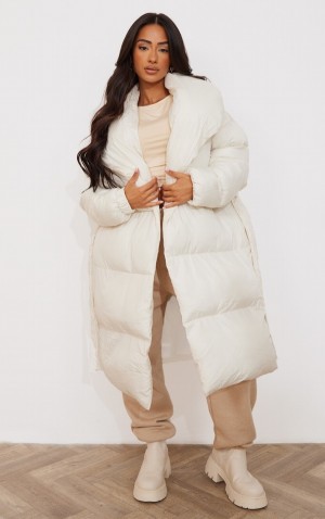 Cream Pretty Little Thing Petite Oversized Collar ed Longline Puffer Jackets | QYLXHIP-54