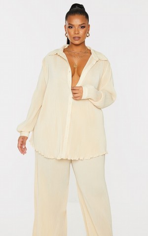 Cream Pretty Little Thing Plus Cream Plisse Button Front Oversized Shirts | UNSMVWE-21