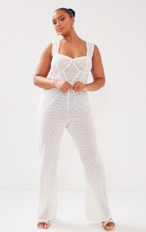 Cream Pretty Little Thing Plus TextuCorset Jumpsuits | ICWJKME-80