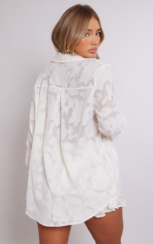 Cream Pretty Little Thing Sheer Floral TextuLong Sleeve Oversized Shirts | BYTDEZF-19