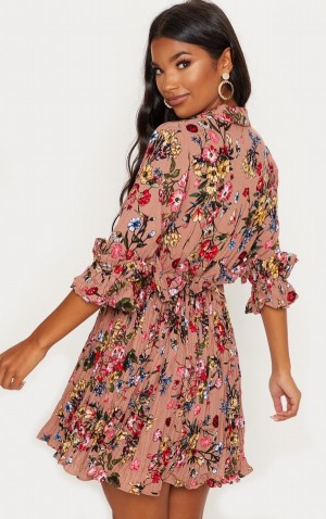 Dark Beige Pretty Little Thing Nude Floral Frill Detail Pleated Skater Dresses | CZHAQJT-59