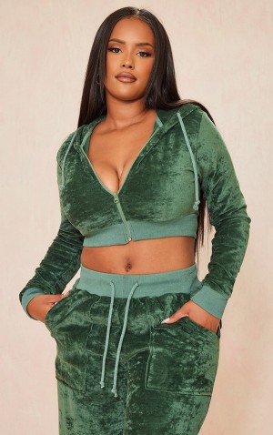 Dark Green Pretty Little Thing Shape Velour Cropped Hoodie | FNCAQVK-49