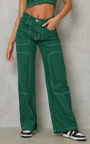 Green Pretty Little Thing Forest Contrast Stich Wide Leg Jean Jeans | ASVCQMR-21