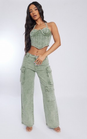 Green Pretty Little Thing Petite Washed Cargo Jeans | SMYKJAO-42