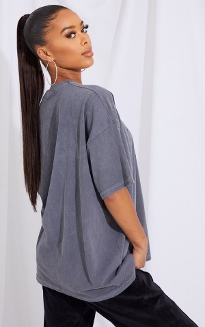 Grey Pretty Little Thing Charcoal Montana Logo Oversized Washed T-shirts | LTFZXEC-74