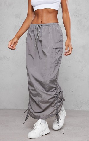 Grey Pretty Little Thing Charcoal Parachute Tie Waist Midaxi Skirts | QTIBEJN-70