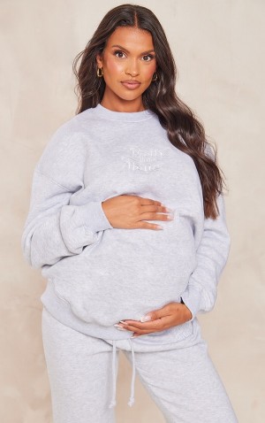 Grey Pretty Little Thing Maternity Ash EmbroideOversized Sweatshirts | TWSJXDV-50