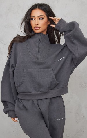 Grey Pretty Little Thing Petite Charcoal Half Zip Oversized Sweatshirts | UQSHRXD-95