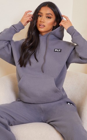 Grey Pretty Little Thing Petite Charcoal Badge Detail Oversized Hoodie | VDEHGIW-59