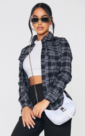 Grey Pretty Little Thing Petite Oversized Checked Boyfriend Shirts | DJLPGOX-37