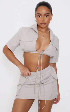 Grey Pretty Little Thing Petite Stone Tie Front Cropped Shirts | MBEPNRF-47