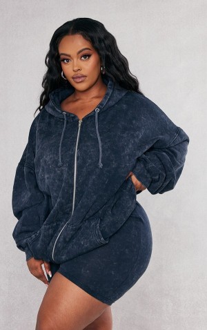 Grey Pretty Little Thing Plus Charcoal Washed Oversized Zip Hoodie | RNISKOL-20