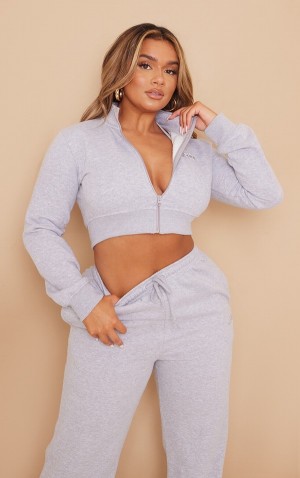 Grey Pretty Little Thing Shape Marl EmbroideCropped Zip Sweatshirts | UKYDQWI-74