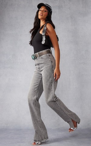 Grey Pretty Little Thing Tall Washed Split Hem Jeans | TRJAWKH-18