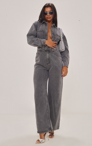 Grey Pretty Little Thing Washed Cargo Pocket Shoulder Padded Jumpsuits | SNTLDEJ-48