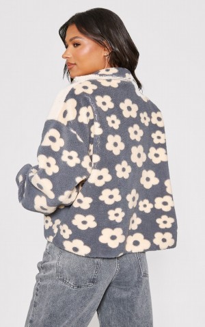 Grey Pretty Little Thing and Flower Print Teddy Jackets | IQJFVGT-63