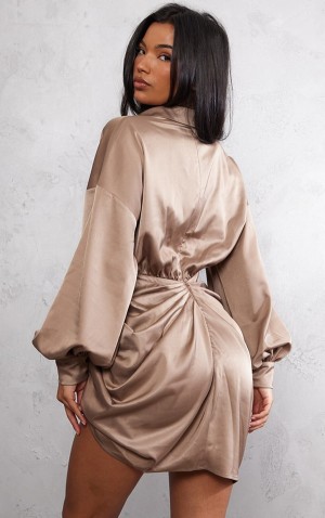 Grey / Brown Pretty Little Thing Taupe Satin Drape Oversized Sleeve Dresses | RZQXSAW-57