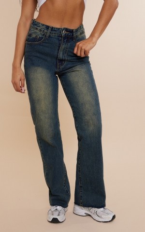 Indigo / Wash Pretty Little Thing Indigo Vintage Wash Frayed Hem Wide Leg Jeans | HBXZOQF-61