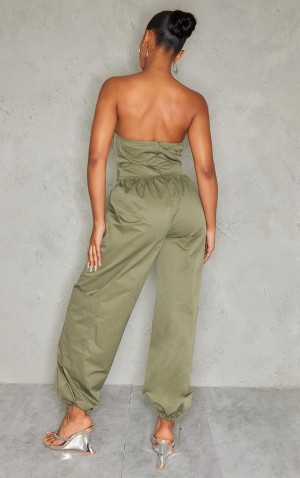 Khaki Pretty Little Thing Contrast Panel V Bar Cargo Jumpsuits | UPWQDYT-05