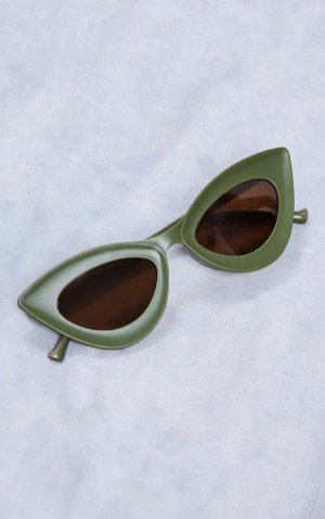 Khaki Pretty Little Thing Matte Edged Frame Cat Eye Sunglasses | MXOANBH-59