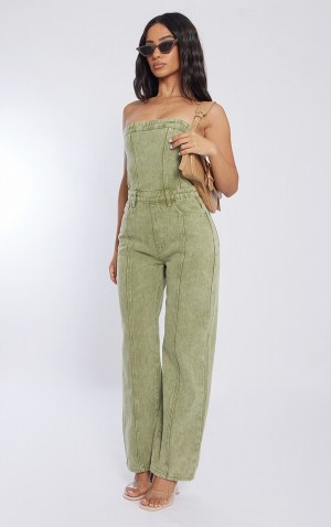 Khaki Pretty Little Thing Petite Washed Bandeau Jumpsuits | OKCMFRB-03