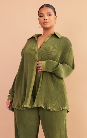 Khaki Pretty Little Thing Plus Plisse Button Front Oversized Shirts | JWRCFZY-94