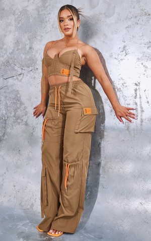 Khaki Pretty Little Thing Shape Cargo Pocket Detail Wide Leg Sweatpants | DOSACLR-63