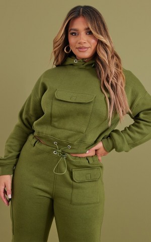 Khaki Pretty Little Thing Shape Toggle Pocket Detail Cropped Hoodie | WMBJXIG-08