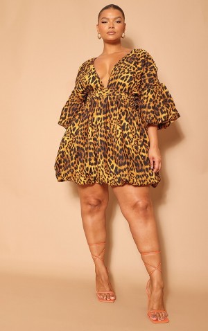 Leopard Pretty Little Thing Plus Leopard Puff Sleeve Puffball Hem Dresses | TASNKIX-21