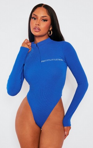 Light Blue Pretty Little Thing Bright Rib Half Zip Bodysuits | GDCIPVK-53