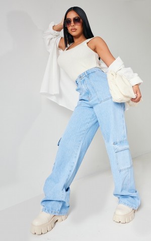 Light Blue / Wash Pretty Little Thing Petite Wash Cargo Pocket gy Wide Leg Jeans | ETJGQKA-70